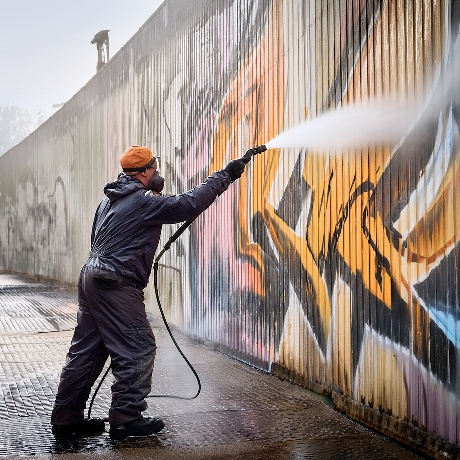 Technicien réalisant le nettoyage mural d'un graffiti sur une façade