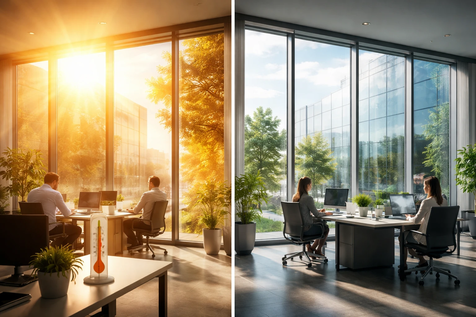 film solaire décret tertiaire sur vitrages de bureaux réduisant la chaleur et la consommation énergétique