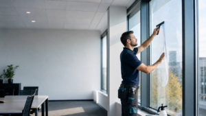 Pose de film solaire en entreprise par un technicien WonderGlass sur les vitrages d’un bureau.