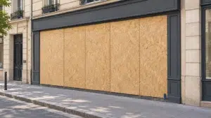 Devanture de commerce en ville protégée par des panneaux de bois ajustés sur la vitrine.