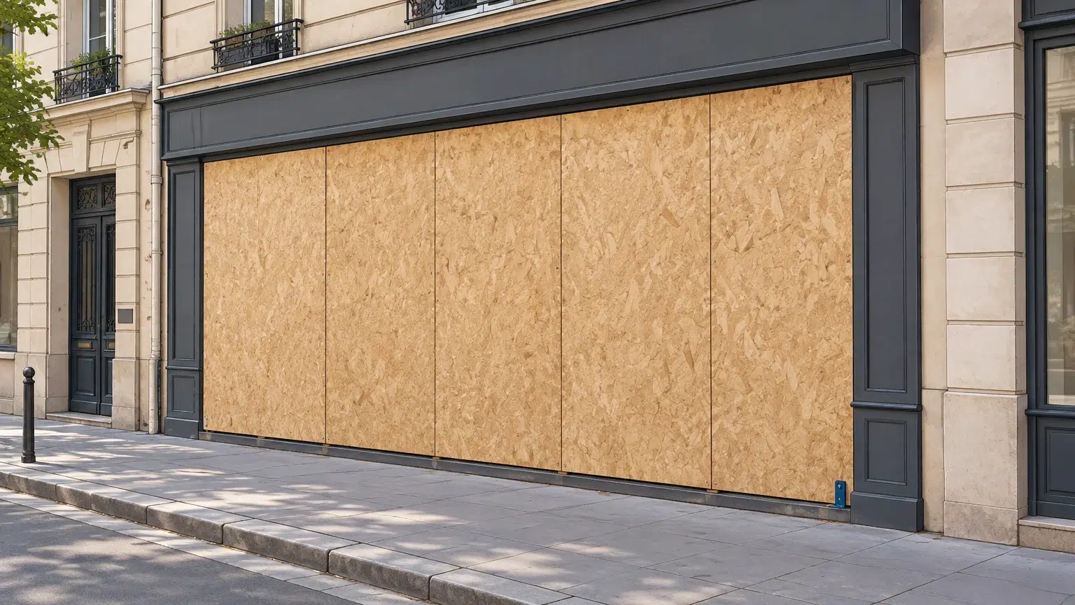 Devanture de commerce en ville protégée par des panneaux de bois ajustés sur la vitrine.