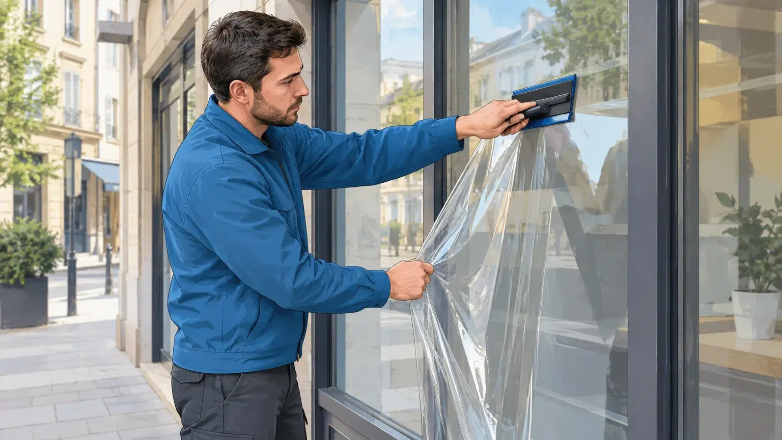 Technicien posant un film sur une vitrine de commerce