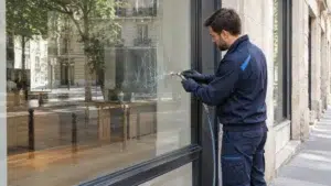 Technicien rénovant une vitrine fixe marquée de traces mates dans un commerce urbain.