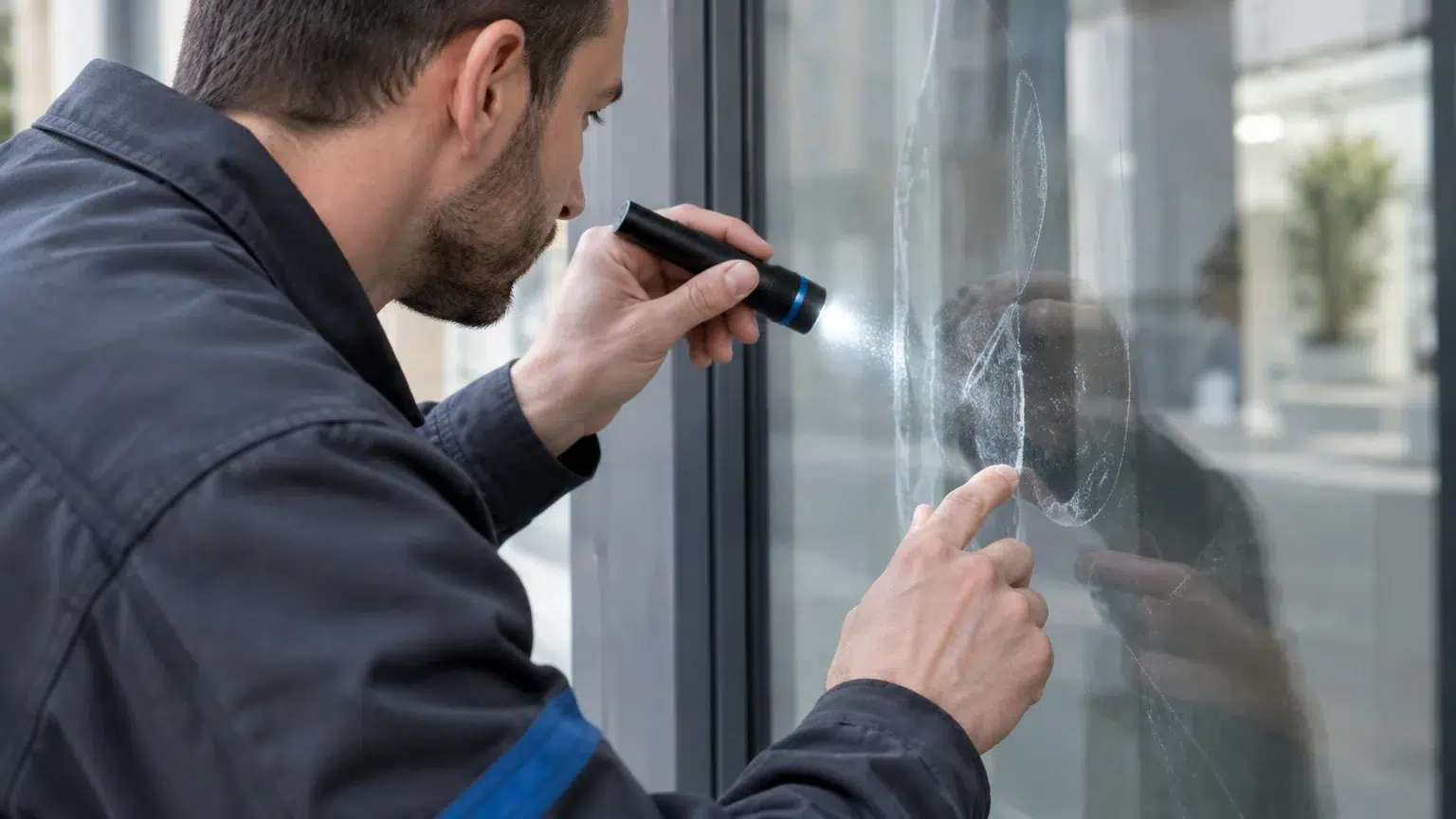 Technicien WonderGlass inspectant une vitrine avant le nettoyage de graffitis