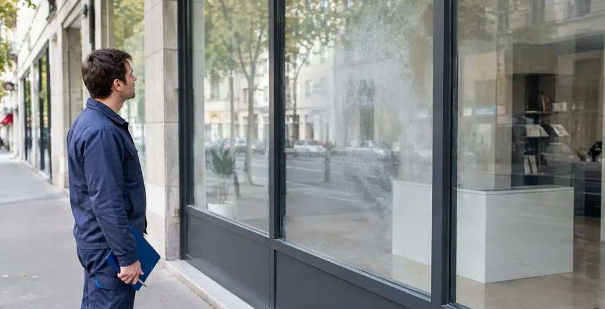 Vitrine professionnelle avec des traces blanchâtres mates gravées dans le verre, avant diagnostic de nettoyage.