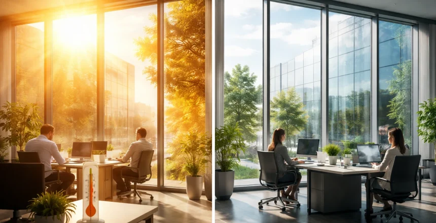 film solaire décret tertiaire sur vitrages de bureaux réduisant la chaleur et la consommation énergétique